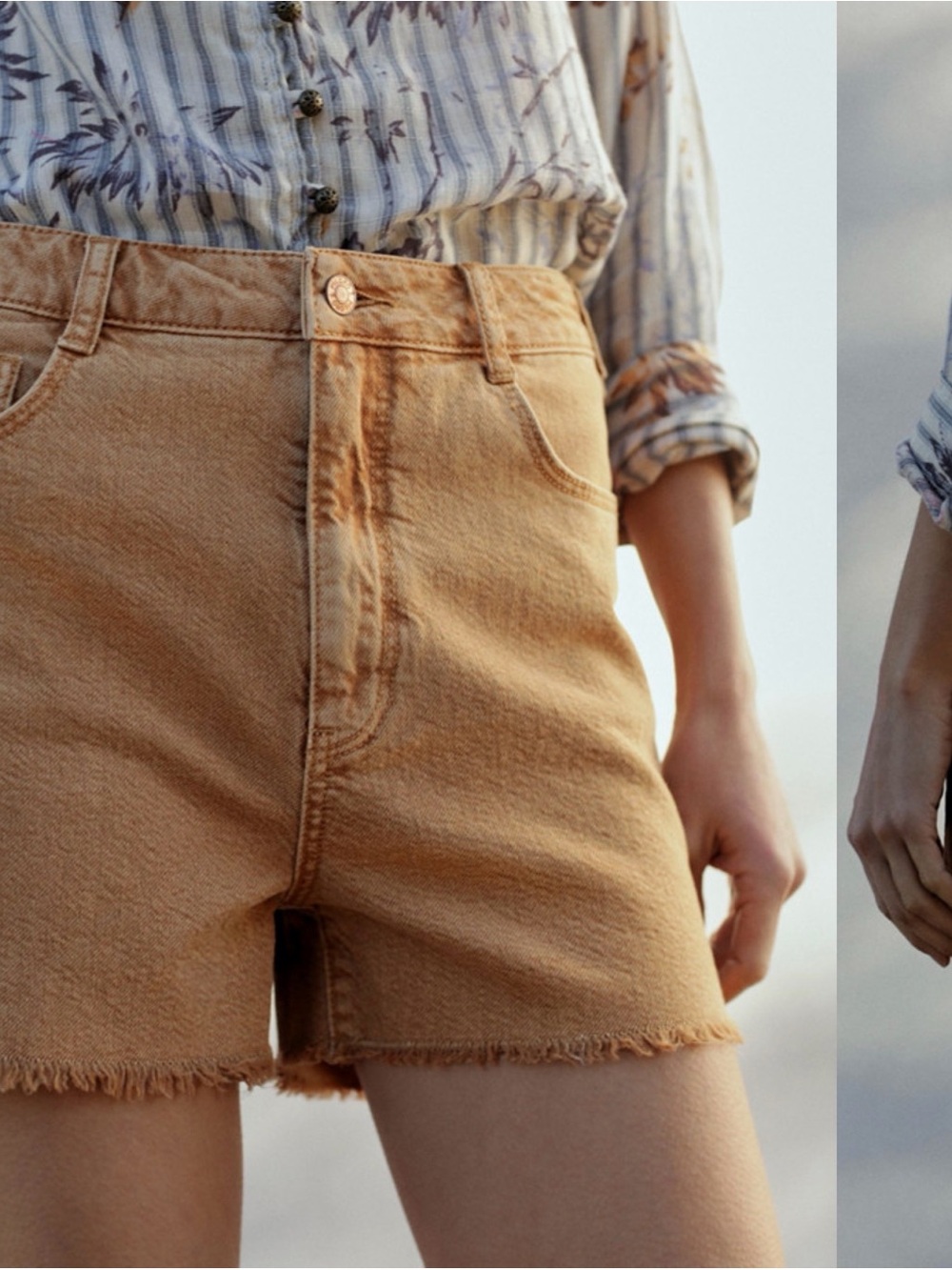 Anthropologie Pilcro High Rise Frayed Hem Denim Shorts Tan Camel Size 27